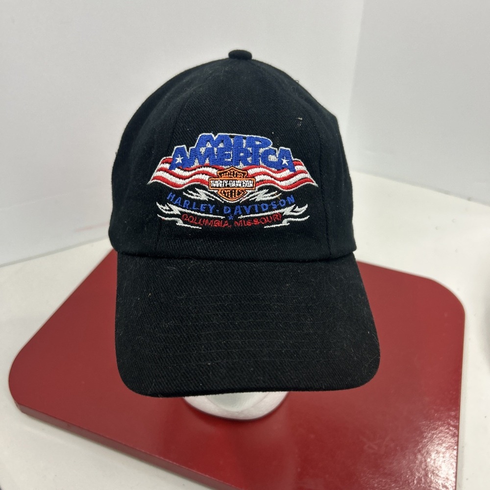 Vintage Mid‎ America Harley Davidson Columbia, MO Black Strap Embroidered Hat